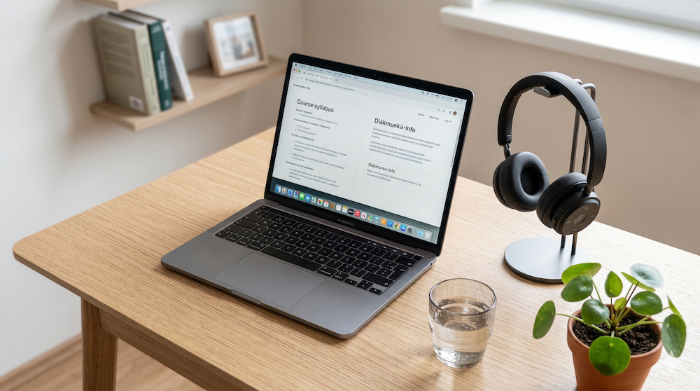 Diák otthoni munkaterülete laptoppal és fejhallgatóval, home office diákmunka