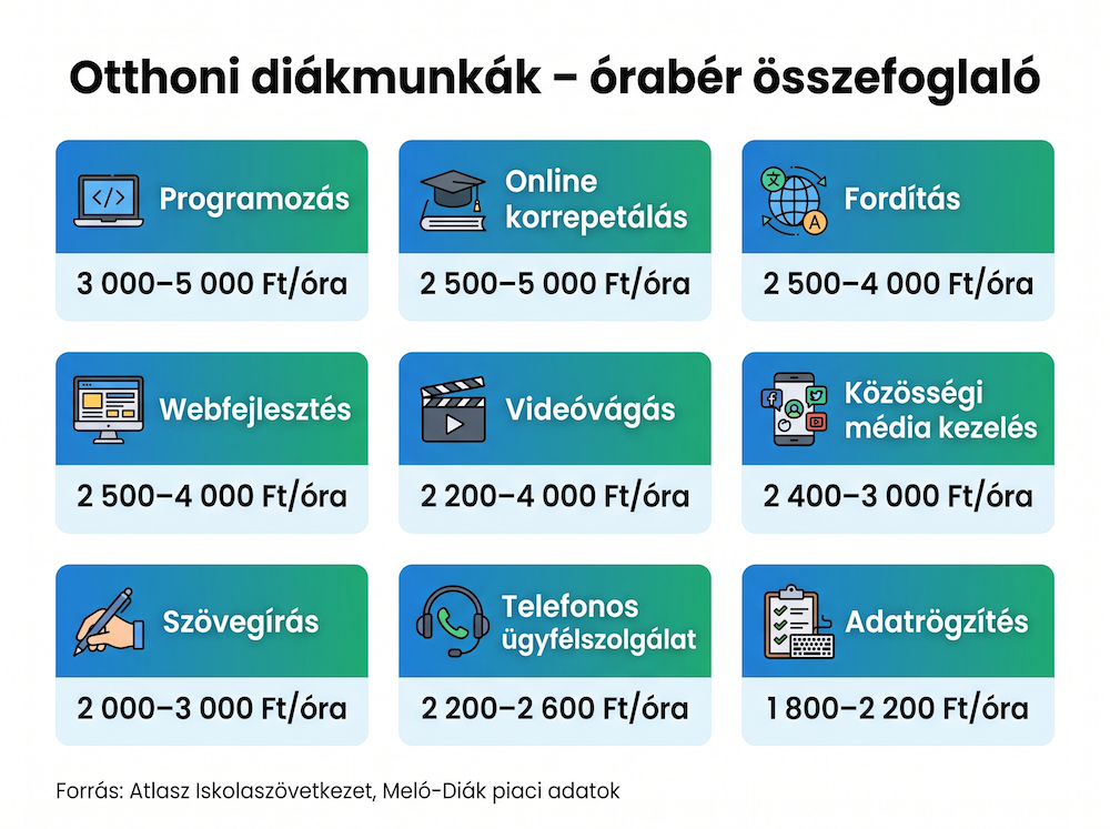 Az otthoni diákmunkák típusai és órabérei összehasonlítva – infografika