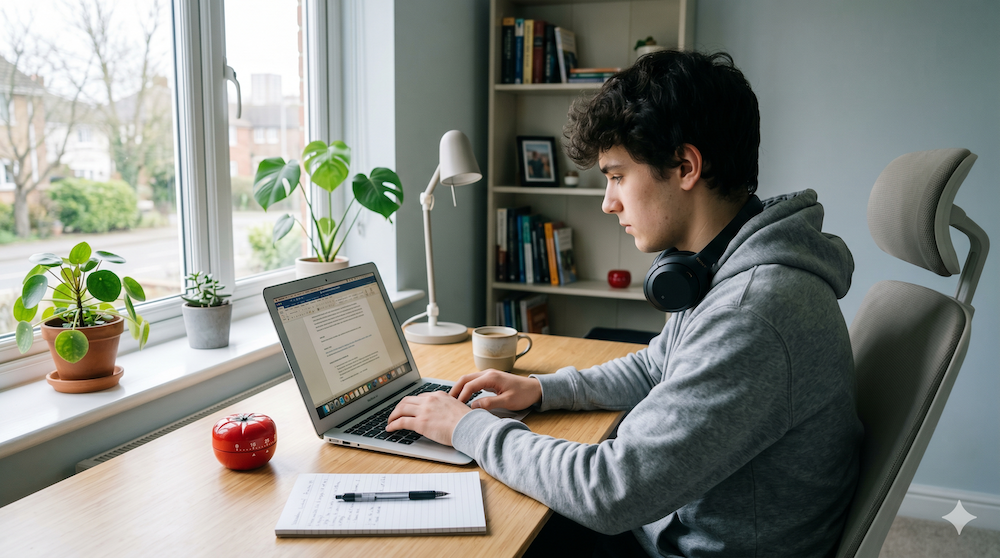 Diák fókuszáltan dolgozik otthon, hatékony home office munkakörnyezet